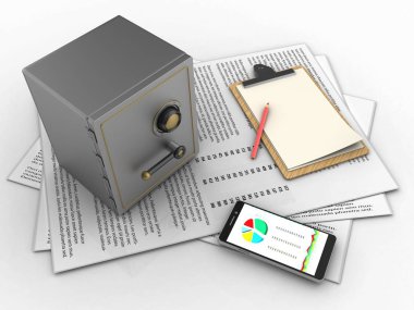 Kağıtları ve güvenli Not ile beyaz arka plan üzerinde 3D çizimi