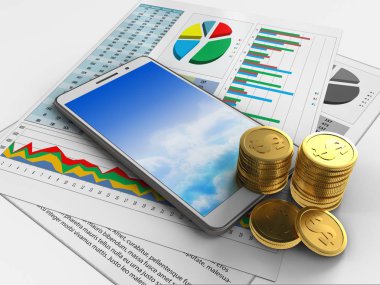 iş kağıtları ve para ile beyaz arka plan üzerinde beyaz telefon 3D çizimi