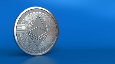 ethereum gümüş sikke mavi arka plan üzerinde 3D çizimi