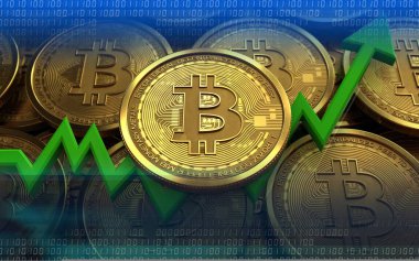 bitcoin ile para yığınları arka plan üzerinde 3D çizimi