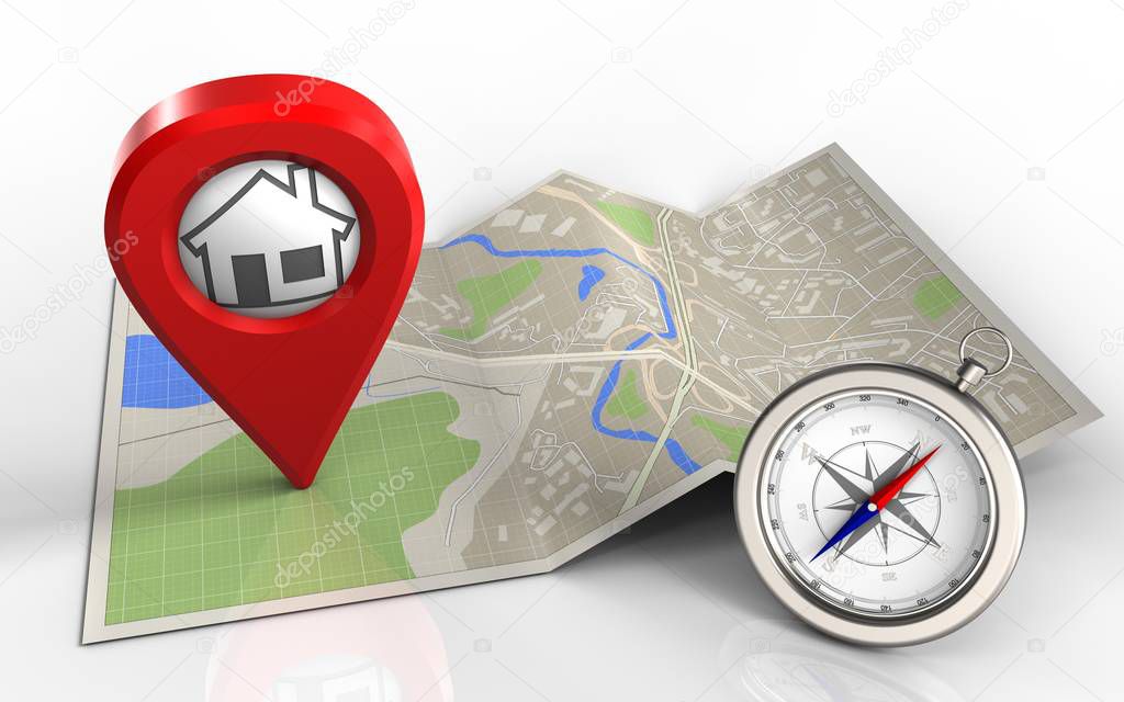 3d illustration of map paper with home pin and