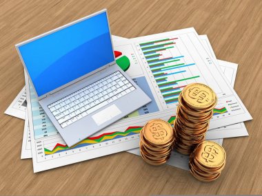 işle ilgili belgeleri ve bilgisayar ahşap arka plan üzerinde 3D çizimi