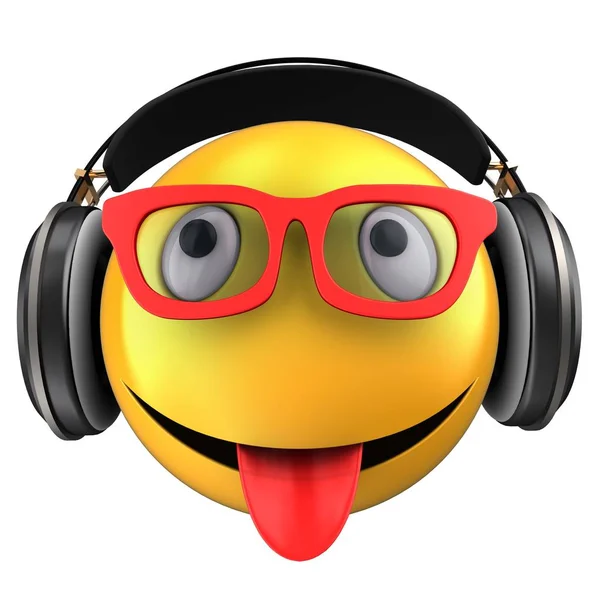 Ilustracja Żółty Emotikon Smile Słuchawki Czarny Białym Tle — Zdjęcie stockowe