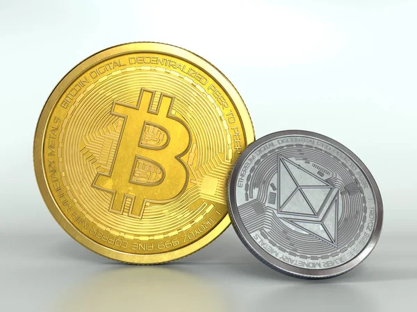 Bitcoin と白い背景の上の Ethereum イラストレーション — ストック写真