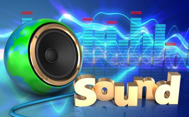 Dünya küre hoparlörün ses dalgaları üzerinde 3D illüstrasyon mavi arka plan 'ses' işareti ile