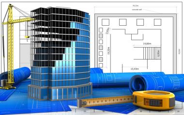 bina inşaat vinç blueprint arka plan üzerinde office 3D çizimi