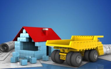 Evin 3D illüstrasyon inşaat mavi arka plan üzerinde engeller.