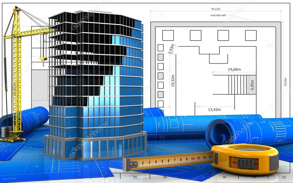 3d illustration of office building construction with crane over blueprint background