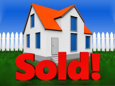 ev çim ve çit arka plan üzerinde satılan işareti ile 3D çizimi