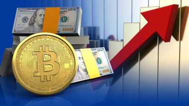 dolar yığını üzerinden yükselen grafikler arka plan bitcoin ile 3D çizimi