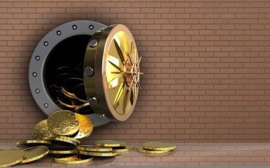 3D çizimi depolama tuğla duvar arka plan üzerinde paralar.