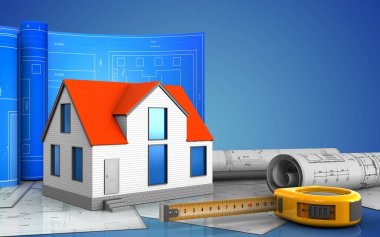 çizim ile genel ev 3D illüstrasyon mavi arka plan üzerinde rulo