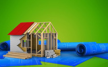 çerçeve ev yeşil arka plan üzerinde 3D çizimi