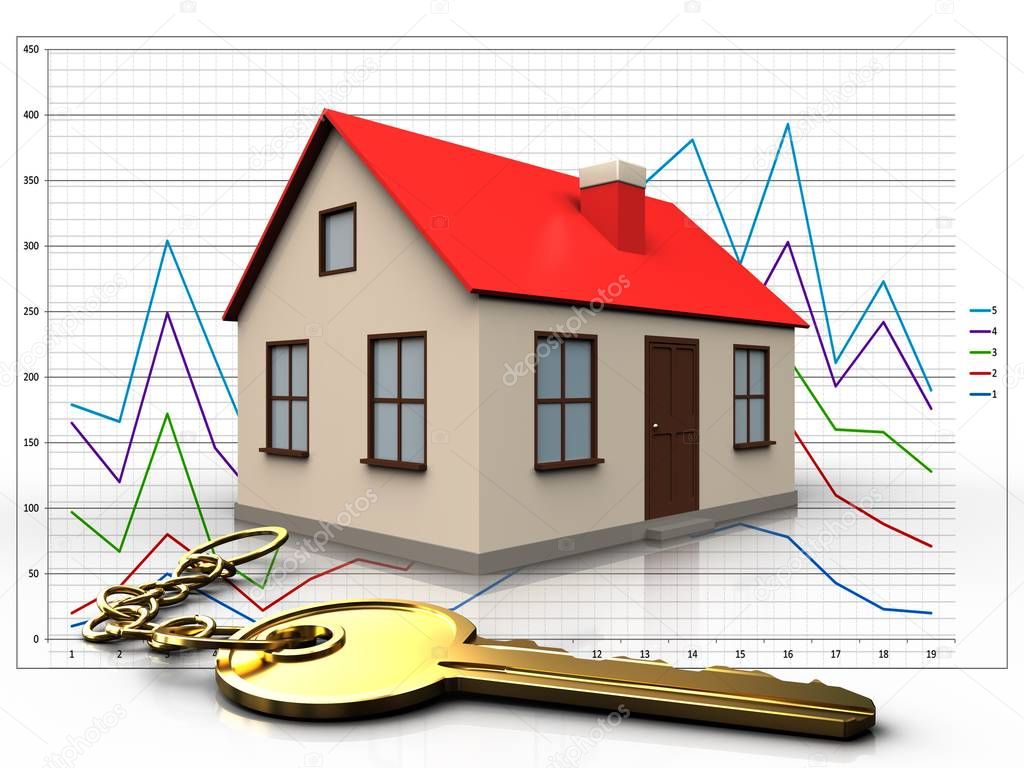 3d illustration of house with golden key over diagram background
