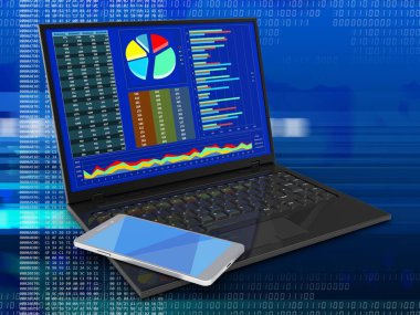 dizüstü bilgisayar ile diyagramları perde ve cep telefonu dijital arka plan üzerinde 3D çizimi