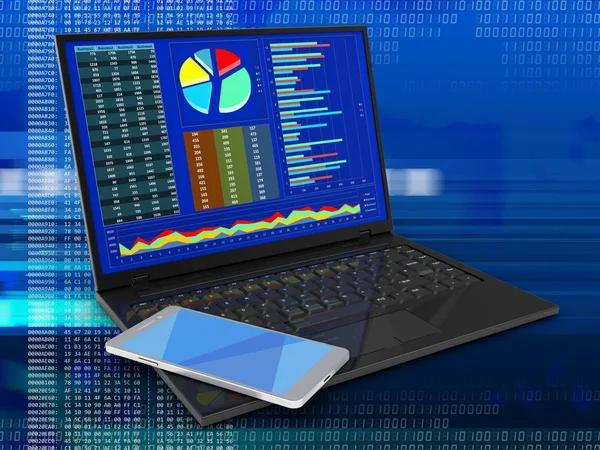 dizüstü bilgisayar ile diyagramları perde ve cep telefonu dijital arka plan üzerinde 3D çizimi