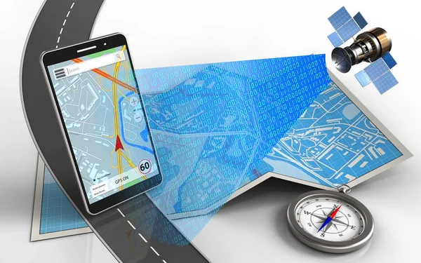 Illustration Stadskarta Med Mobiltelefon Navigering Och Kompass — Stockfoto