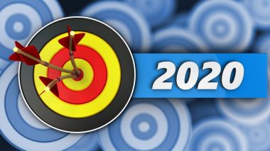 yuvarlak hedef 2020 yıl işareti üzerinde birçok hedefleri arka plan ile 3D çizimi