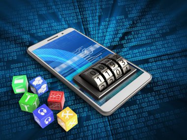 3D çizimi küpleri ve kilit ile dijital arka plan üzerinde beyaz telefon arama