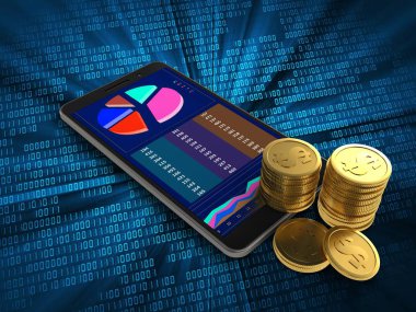 cep telefonu dijital arka plan paraları ile üzerinden 3D çizimi