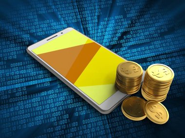 paralar ile dijital arka plan üzerinde beyaz telefon 3D çizimi