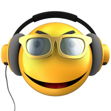 Sarı ifade 3D çizimi gülümseme ile sarı kulaklık beyaz arka plan üzerinde