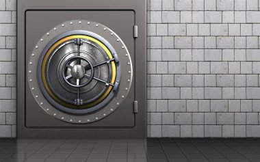 3D metal güvenli ile tekerlek kapı beyaz taşlar arka plan üzerinde gösterimi