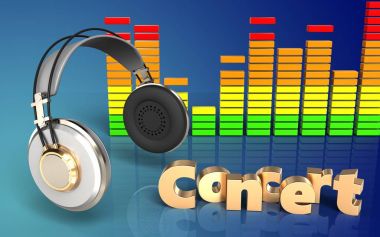 3D kulaklık ile konser işareti mavi degrade arka plan üzerinde gösterimi