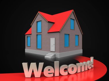 siyah arka plan üzerinde hoş geldiniz işareti ile ev 3D çizimi
