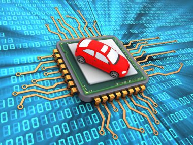 Araba ile dijital arka plan üzerinde mikroçip 3D çizimi 