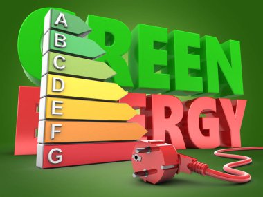 yeşil enerji işareti ve güç kablosu ile yeşil arka plan üzerinde sıralama enerji 3D çizimi