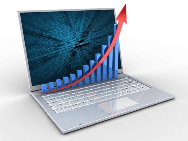 laptop ile ikili veri perde ve yükselen grafiği beyaz arka plan üzerinde 3D çizimi