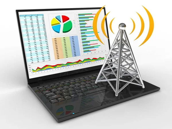 3d illustration of laptop computer over white background with business data screen and antenna