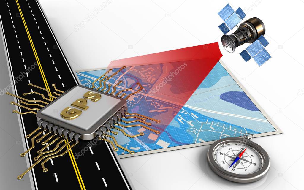 3d illustration of blue map with gps chip and compass