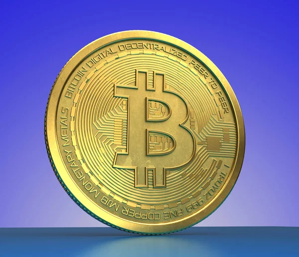 Bitcoin золоті монети на синьому фоні — стокове фото