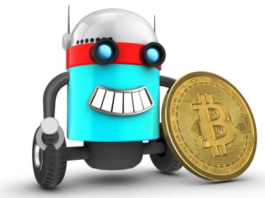  robot ile beyaz arka plan üzerinde bitcoin ile