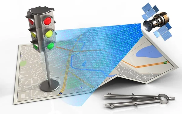 Карта города с светофором и круговым инструментом — стоковое фото