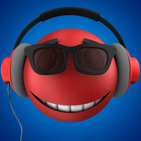 Emoticon sorriso com fones de ouvido vermelhos — Fotografia de Stock