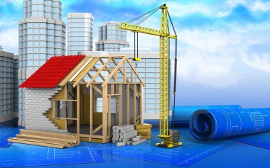 çerçeve ev gökyüzü arka plan üzerinde kentsel sahne ile 3D çizimi