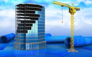 Ofis Binası inşaat gökyüzü arka plan üzerinde 3D çizimi