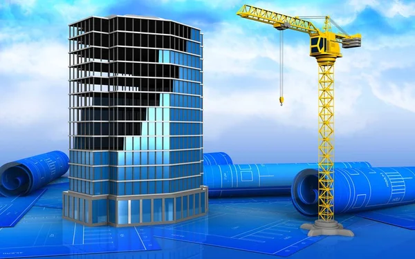 3d illustration of office building construction over sky background — Stock Image Illustration Office Building Construction Sky Background Royalty Free Stock Photos