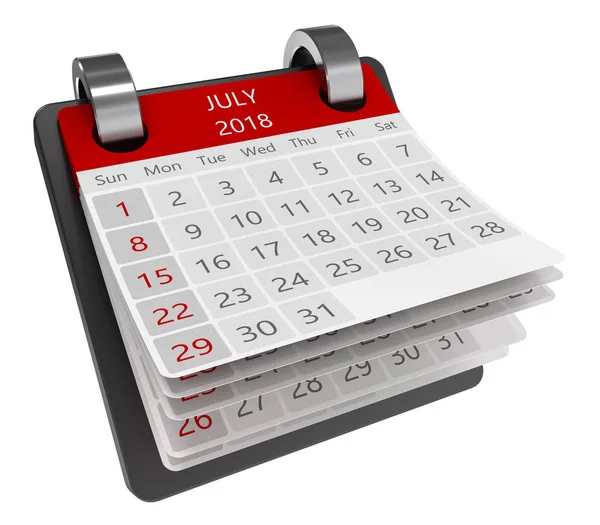 Mensile Prospettiva Calendario Vista Isolate 2018 Luglio Pagina — Foto Stock