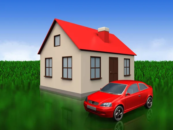 Illustration House Car Meadow Background — Stock Photo, Image