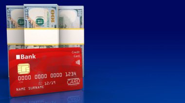 Doları banknot üzerinde mavi degrade arka plan banka kartı ile 3D çizimi