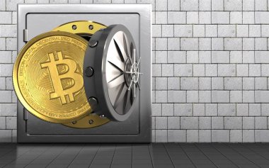 3D metal güvenli ile bitcoin beyaz taşlar arka plan üzerinde gösterimi