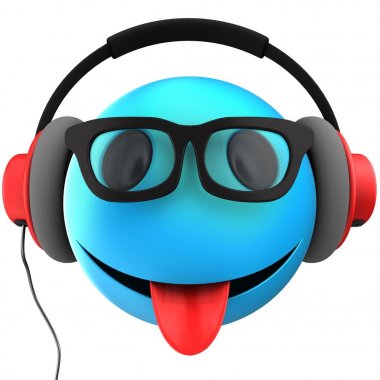 Mavi ifade 3D çizimi beyaz arka plan üzerinde kırmızı kulaklıklarla gülümse