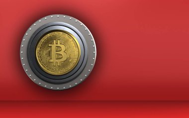 bitcoin kırmızı arka plan üzerinde güvenli 3D çizimi