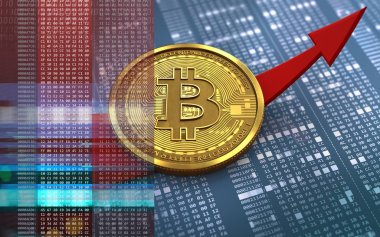 bitcoin yukarı ok ile onaltılık arka plan üzerinde 3D çizimi