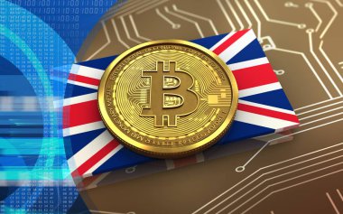 bitcoin İngiltere bayrağı ile devre arka plan üzerinde 3D çizimi