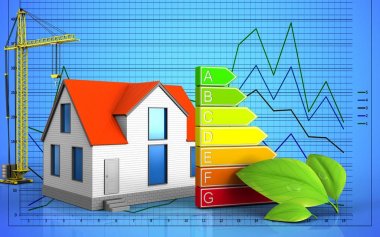grafik arka planı üzerinde Vinçli genel ev 3D çizimi